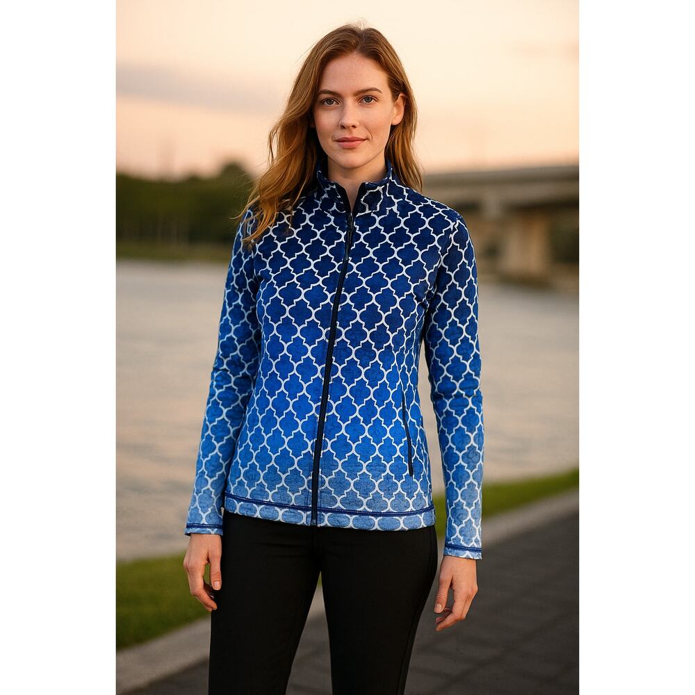 T by Talbots Womens Yoga Jacket Coat‎ Top Full Zip Blue White Printed Size XS